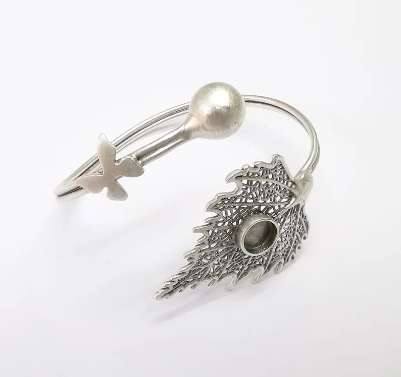 Leaf Butterfly Wire Wrapped Bracelet, Bangle Bezel, Cuff Resin Blank, Wristband Cabochon Base, Adjustable Antique Silver Brass (8mm) G34887