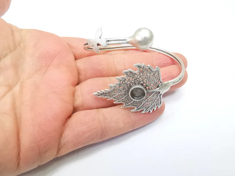 Leaf Butterfly Wire Wrapped Bracelet, Bangle Bezel, Cuff Resin Blank, Wristband Cabochon Base, Adjustable Antique Silver Brass (8mm) G34887