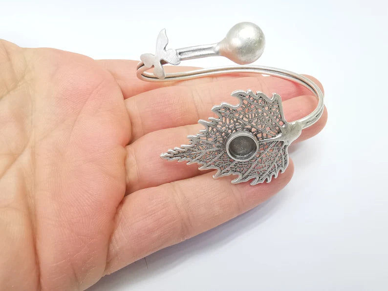 Leaf Butterfly Wire Wrapped Bracelet, Bangle Bezel, Cuff Resin Blank, Wristband Cabochon Base, Adjustable Antique Silver Brass (8mm) G34887