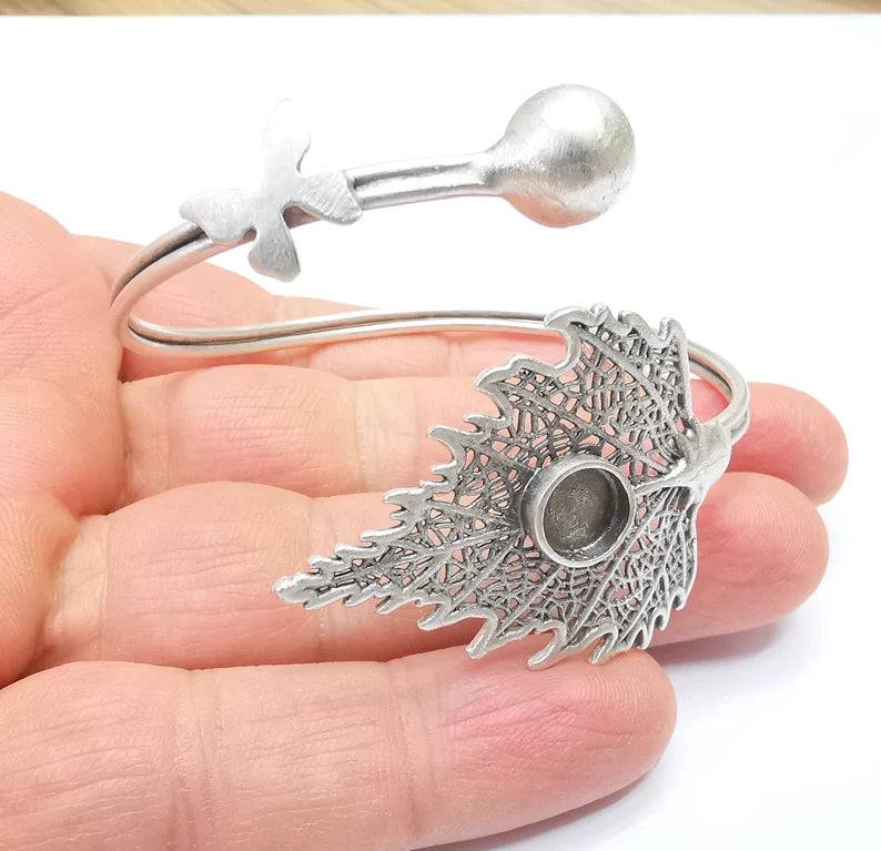 Leaf Butterfly Wire Wrapped Bracelet, Bangle Bezel, Cuff Resin Blank, Wristband Cabochon Base, Adjustable Antique Silver Brass (8mm) G34887