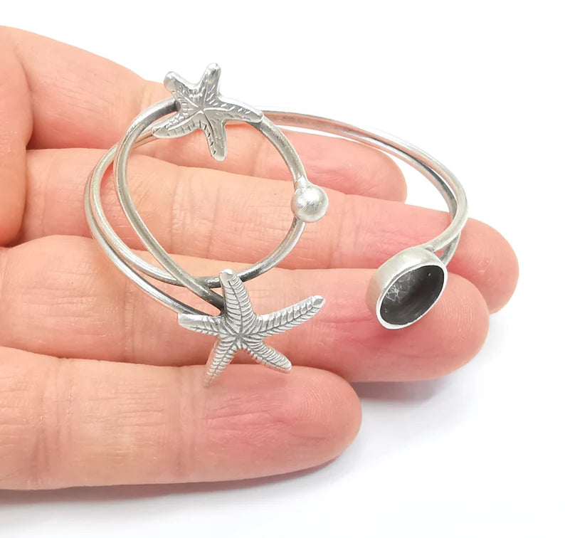 Starfish Wire Wrapped Bracelet, Bangle Bezel, Cuff Resin Blank, Wristband Cabochon Base, Adjustable Antique Silver Brass (10mm) G34888