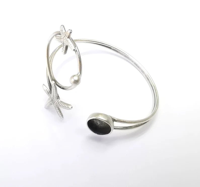 Starfish Wire Wrapped Bracelet, Bangle Bezel, Cuff Resin Blank, Wristband Cabochon Base, Adjustable Antique Silver Brass (10mm) G34888