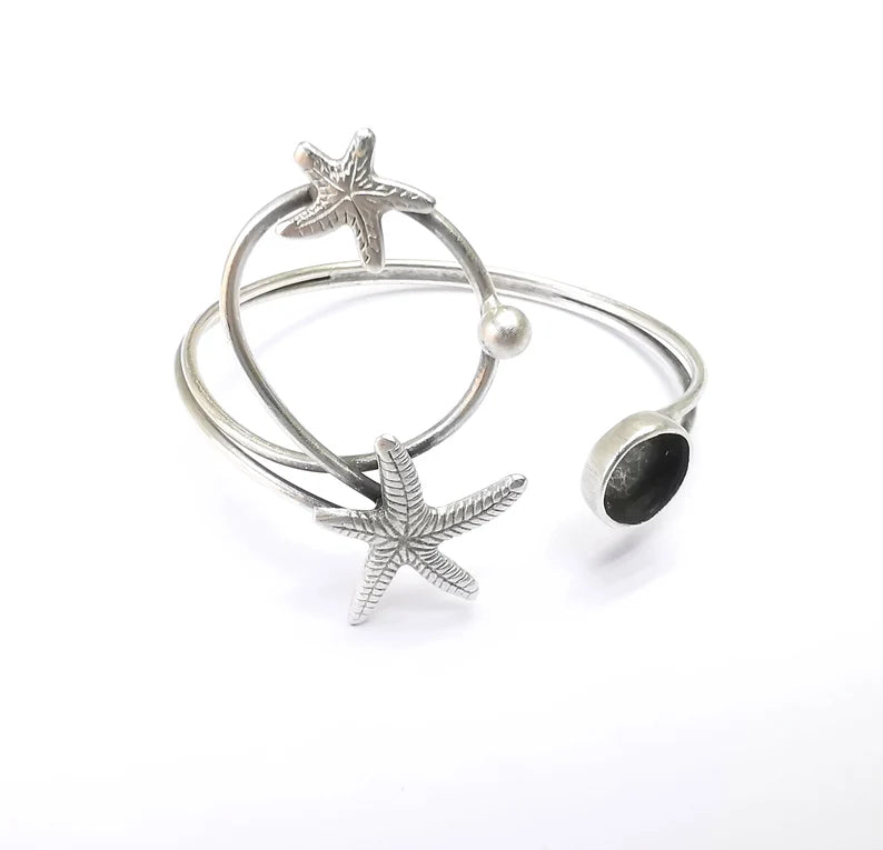 Starfish Wire Wrapped Bracelet, Bangle Bezel, Cuff Resin Blank, Wristband Cabochon Base, Adjustable Antique Silver Brass (10mm) G34888