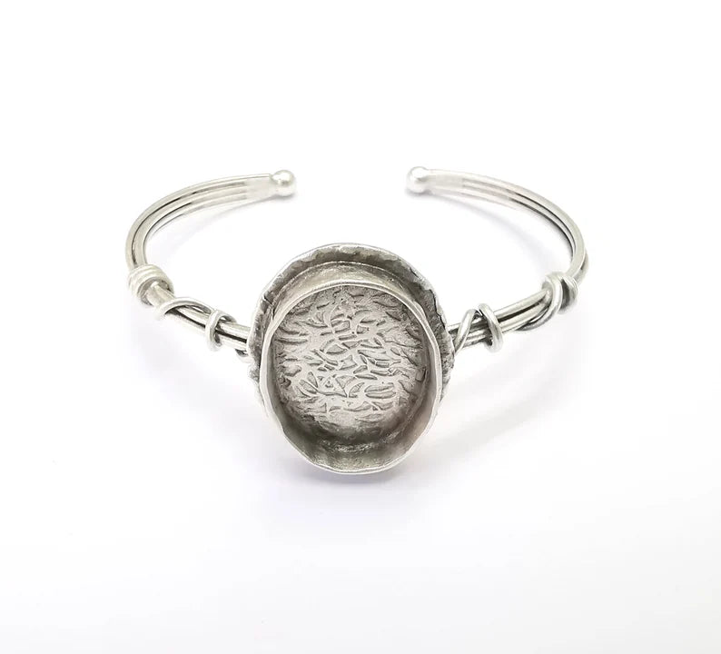 Wire Wrapped Bracelet Bezel, Wrap Cuff Resin Blank, Wristband Base, Cabochon Mounting, Adjustable Antique Silver Plated Brass 25x18mm G34890