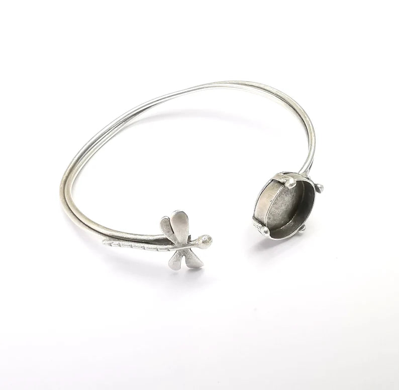 Wire Dragonfly Bracelet Bezel, Wrap Cuff Resin Blank, Wristband Base, Cabochon Mounting, Adjustable Antique Silver Plated Brass 14mm G34896