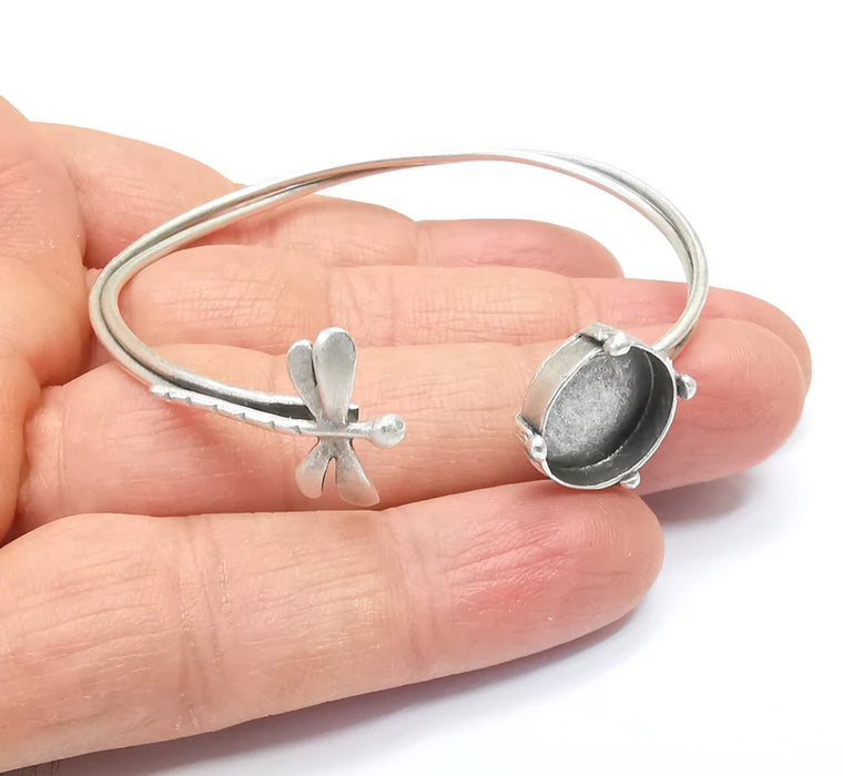 Wire Dragonfly Bracelet Bezel, Wrap Cuff Resin Blank, Wristband Base, Cabochon Mounting, Adjustable Antique Silver Plated Brass 14mm G34896