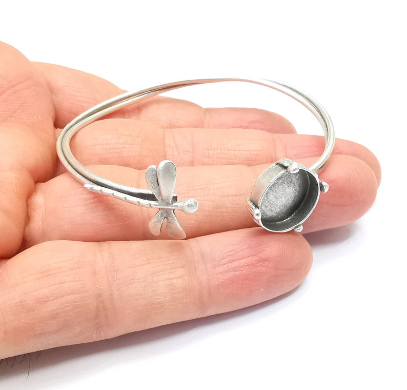 Wire Dragonfly Bracelet Bezel, Wrap Cuff Resin Blank, Wristband Base, Cabochon Mounting, Adjustable Antique Silver Plated Brass 14mm G34896