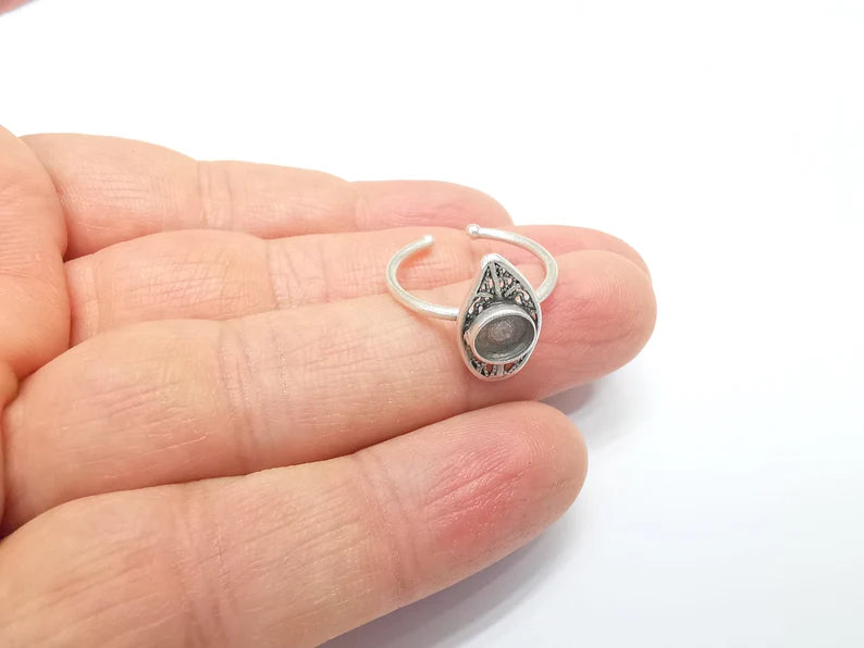 Leaf Ring Setting, Cabochon Blank, Resin Bezel, inlay Mounting, Epoxy Base, Ring Frame, Adjustable Antique Silver Plated Brass 6mm G34899