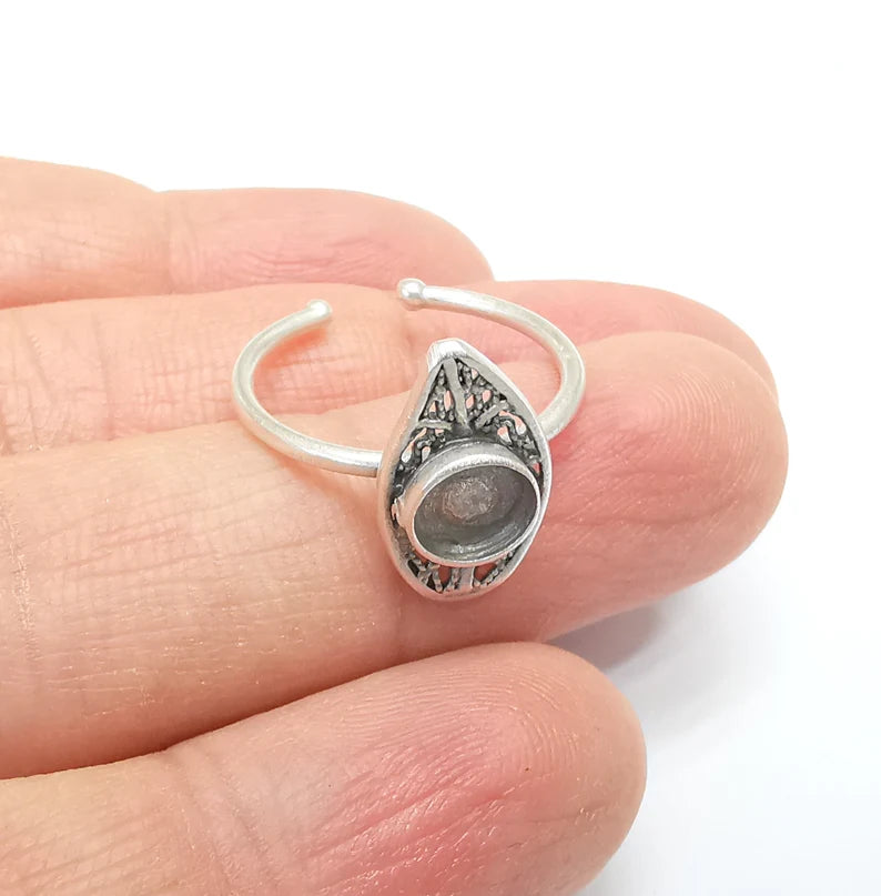 Leaf Ring Setting, Cabochon Blank, Resin Bezel, inlay Mounting, Epoxy Base, Ring Frame, Adjustable Antique Silver Plated Brass 6mm G34899