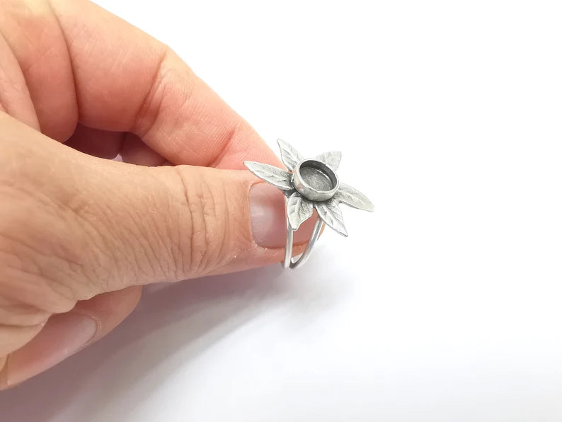 Leaf Ring Setting, Cabochon Blank, Resin Bezel, inlay Mounting, Epoxy Base, Ring Frame, Adjustable Antique Silver Plated Brass 8mm G34900
