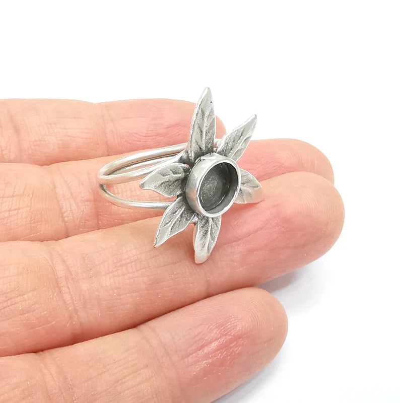 Leaf Ring Setting, Cabochon Blank, Resin Bezel, inlay Mounting, Epoxy Base, Ring Frame, Adjustable Antique Silver Plated Brass 8mm G34900