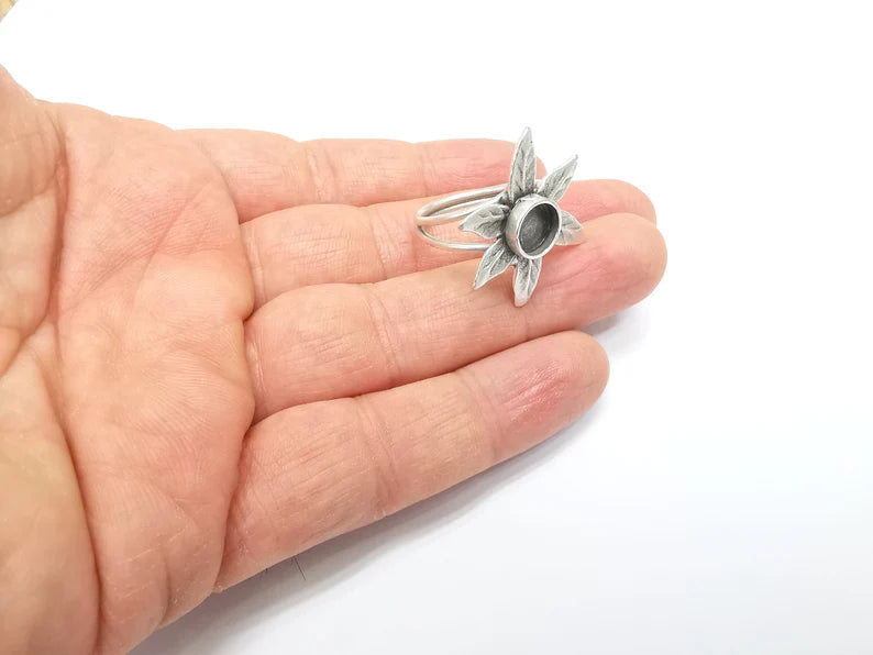 Leaf Ring Setting, Cabochon Blank, Resin Bezel, inlay Mounting, Epoxy Base, Ring Frame, Adjustable Antique Silver Plated Brass 8mm G34900