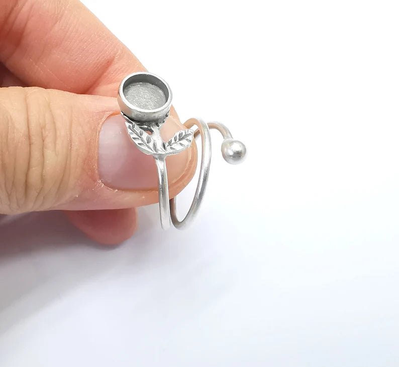 Wrap Leaf Ring Setting, Cabochon Blank, Resin Bezel, inlay Mounting, Epoxy Frame Base, Adjustable Antique Silver Plated Brass 8mm G34902