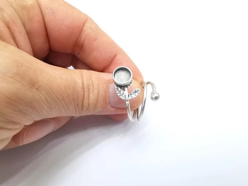 Wrap Leaf Ring Setting, Cabochon Blank, Resin Bezel, inlay Mounting, Epoxy Frame Base, Adjustable Antique Silver Plated Brass 8mm G34902