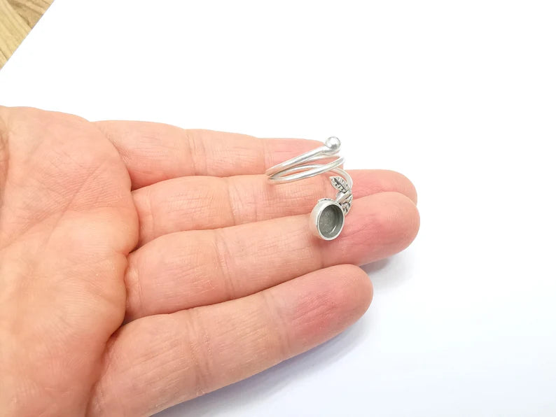 Wrap Leaf Ring Setting, Cabochon Blank, Resin Bezel, inlay Mounting, Epoxy Frame Base, Adjustable Antique Silver Plated Brass 8mm G34902