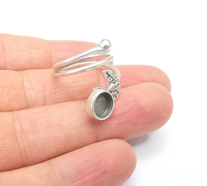 Wrap Leaf Ring Setting, Cabochon Blank, Resin Bezel, inlay Mounting, Epoxy Frame Base, Adjustable Antique Silver Plated Brass 8mm G34902