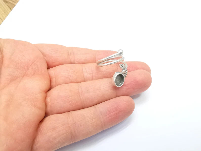 Wrap Leaf Ring Setting, Cabochon Blank, Resin Bezel, inlay Mounting, Epoxy Frame Base, Adjustable Antique Silver Plated Brass 8mm G34902