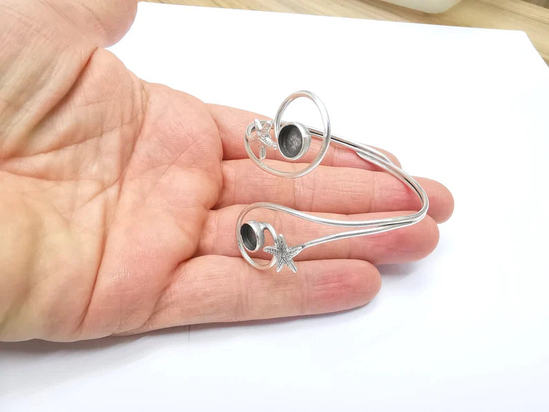 Starfish Wire Wrapped Bracelet, Bangle Bezel, Cuff Resin Blank, Wristband Cabochon Base, Adjustable Antique Silver Brass (8mm) G34903