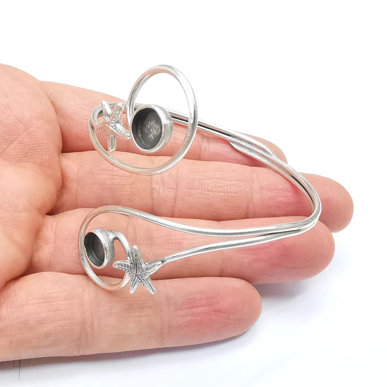 Starfish Wire Wrapped Bracelet, Bangle Bezel, Cuff Resin Blank, Wristband Cabochon Base, Adjustable Antique Silver Brass (8mm) G34903