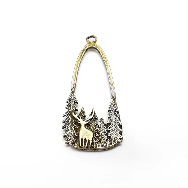 Deer Forest Charms, Pine Tree, Wild Nature, Antique Bronze Plated Charms (54x24mm) G34906