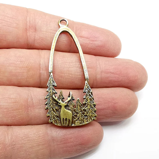 Deer Forest Charms, Pine Tree, Wild Nature, Antique Bronze Plated Charms (54x24mm) G34906