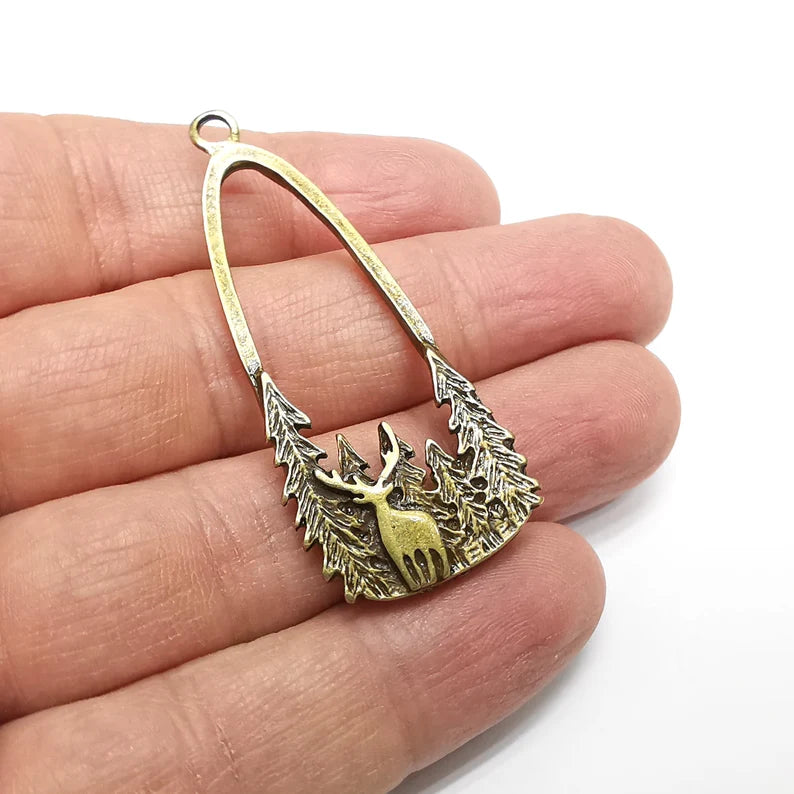 Deer Forest Charms, Pine Tree, Wild Nature, Antique Bronze Plated Charms (54x24mm) G34906