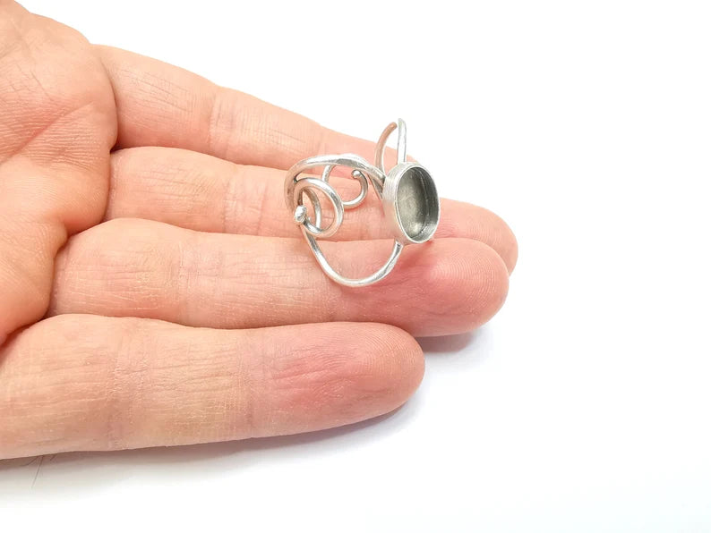 Wrap Ring Setting, Cabochon Blank, Resin Bezel, inlay Mounting, Epoxy Base, Ring Frame, Adjustable Antique Silver Plated Brass 11x8mm G34911