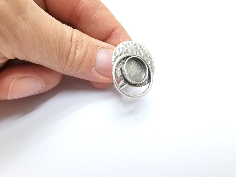 Silver Ring Setting, Cabochon Blank, Resin Bezel, inlay Mounting, Epoxy Base, Ring Frame, Adjustable Antique Silver Plated Brass 12mm G34912