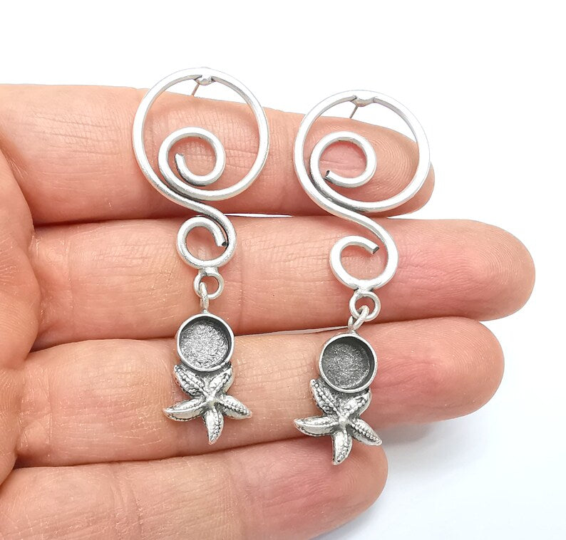 Starfish Earring, Dangle Earring Blank, Ear Base, Wire Earring, Earring Bezel, Mountings, Antique Silver Plated Brass (8mm blanks) G34914