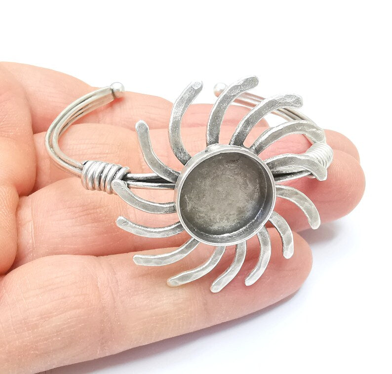 Sun Bracelet, Wire Wrapped Bracelet, Bangle Bezel, Cuff Resin Blank, Wristband Cabochon Base, Adjustable Antique Silver Brass (16mm) G34915