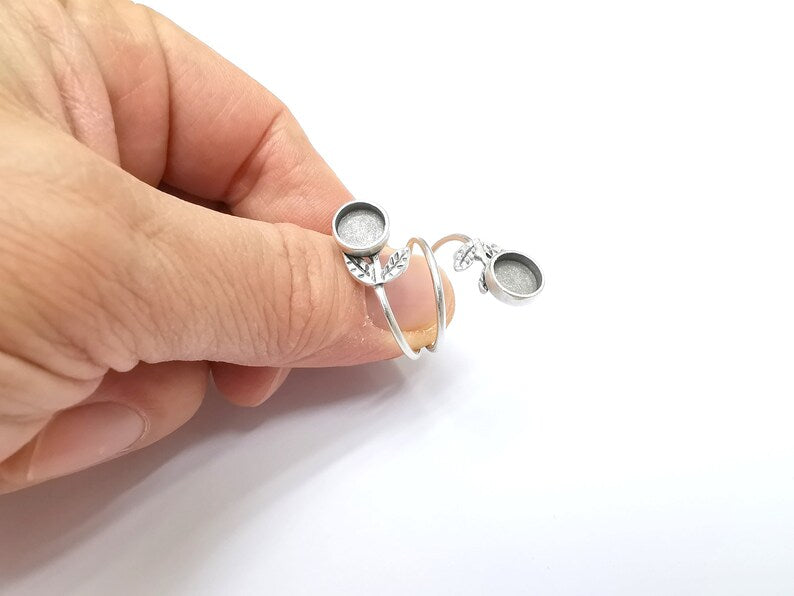 Wrap Leaf Ring Setting, Cabochon Blank, Resin Bezel, inlay Mounting, Epoxy Frame Base, Adjustable Antique Silver Plated Brass 8mm G34918