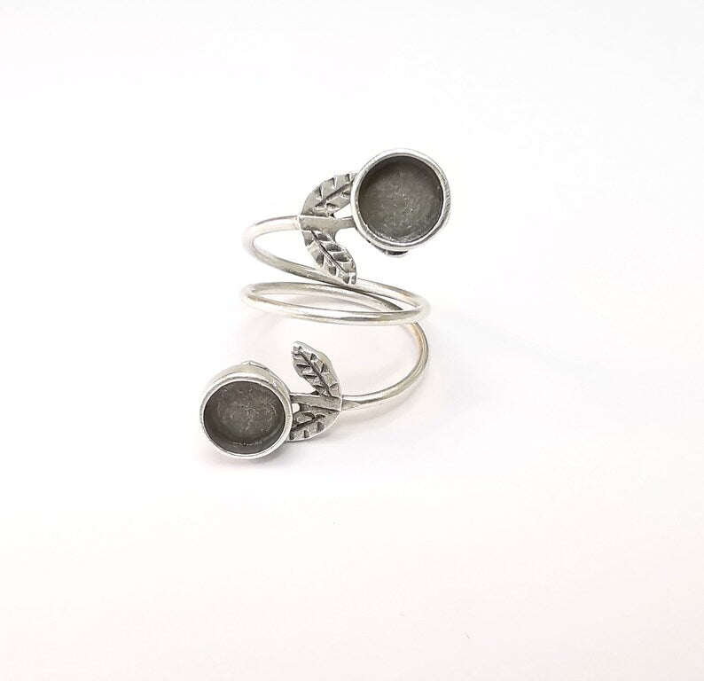 Wrap Leaf Ring Setting, Cabochon Blank, Resin Bezel, inlay Mounting, Epoxy Frame Base, Adjustable Antique Silver Plated Brass 8mm G34918
