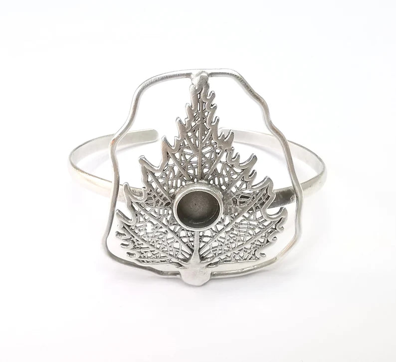 Leaf Bracelet Blank, Wire Wrapped Cuff, Bangle Bezel, Resin Blank, Wristband Cabochon Base, Adjustable Antique Silver Brass (8mm) G34920