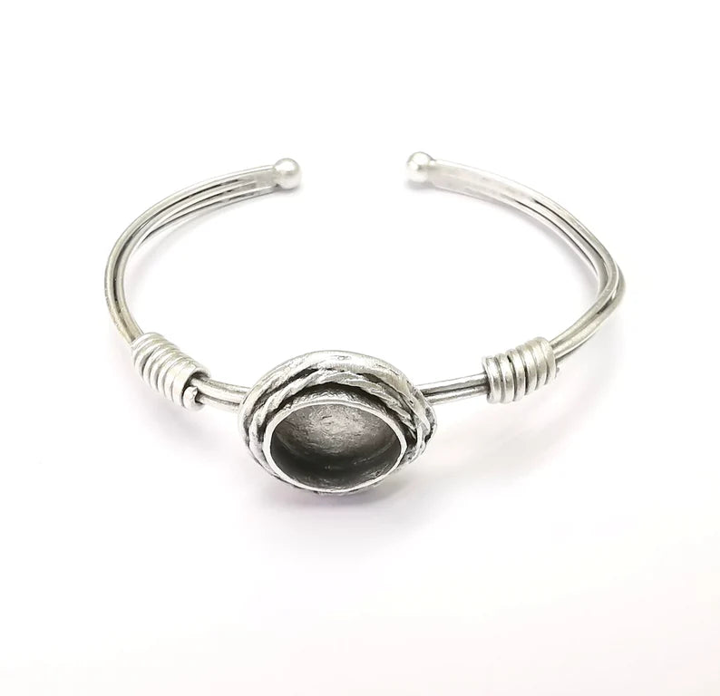 Wire Wrapped Bracelet Bezel, Wrap Cuff Resin Blank, Wristband Base, Cabochon Mountings, Adjustable Antique Silver Plated Brass (13mm) G34923