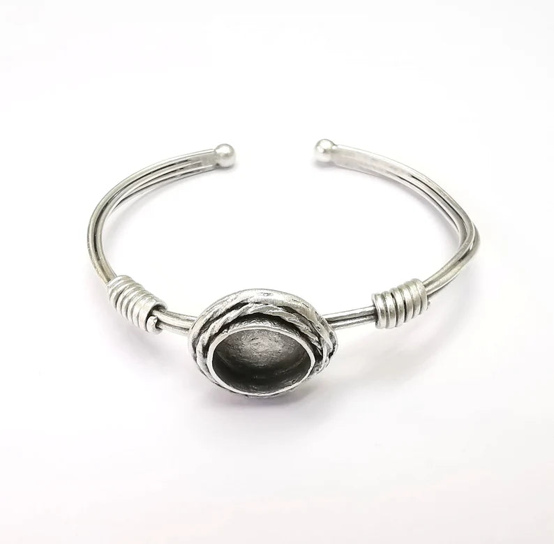 Wire Wrapped Bracelet Bezel, Wrap Cuff Resin Blank, Wristband Base, Cabochon Mountings, Adjustable Antique Silver Plated Brass (13mm) G34923