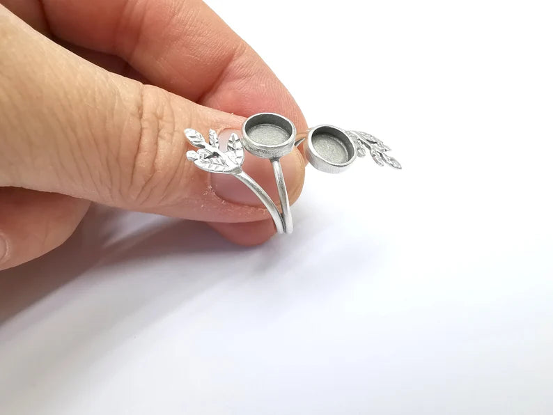 Wrap Leaf Ring Setting, Cabochon Blank, Resin Bezel, inlay Mounting, Epoxy Frame Base, Adjustable Antique Silver Plated Brass 8mm G34924