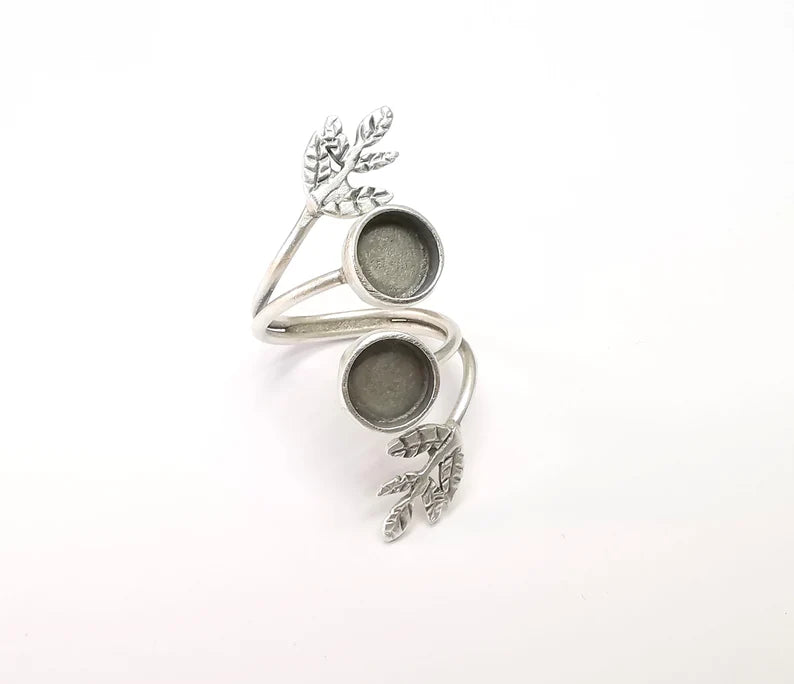 Wrap Leaf Ring Setting, Cabochon Blank, Resin Bezel, inlay Mounting, Epoxy Frame Base, Adjustable Antique Silver Plated Brass 8mm G34924