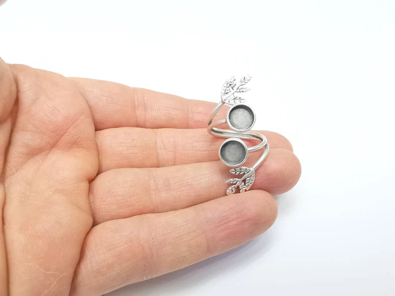 Wrap Leaf Ring Setting, Cabochon Blank, Resin Bezel, inlay Mounting, Epoxy Frame Base, Adjustable Antique Silver Plated Brass 8mm G34924