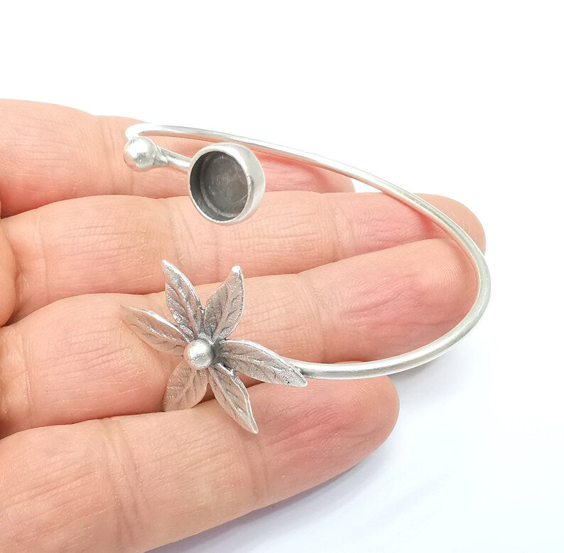 Leaf Bracelet Blank, Wire Wrapped Cuff, Bangle Bezel, Resin Blank, Wristband Cabochon Base, Adjustable Antique Silver Brass (8mm) G34939