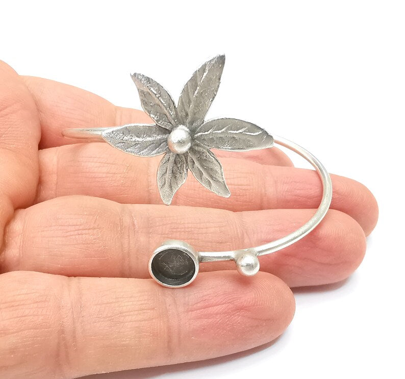 Leaf Bracelet Blank, Wire Wrapped Cuff, Bangle Bezel, Resin Blank, Wristband Cabochon Base, Adjustable Antique Silver Brass (8mm) G34939