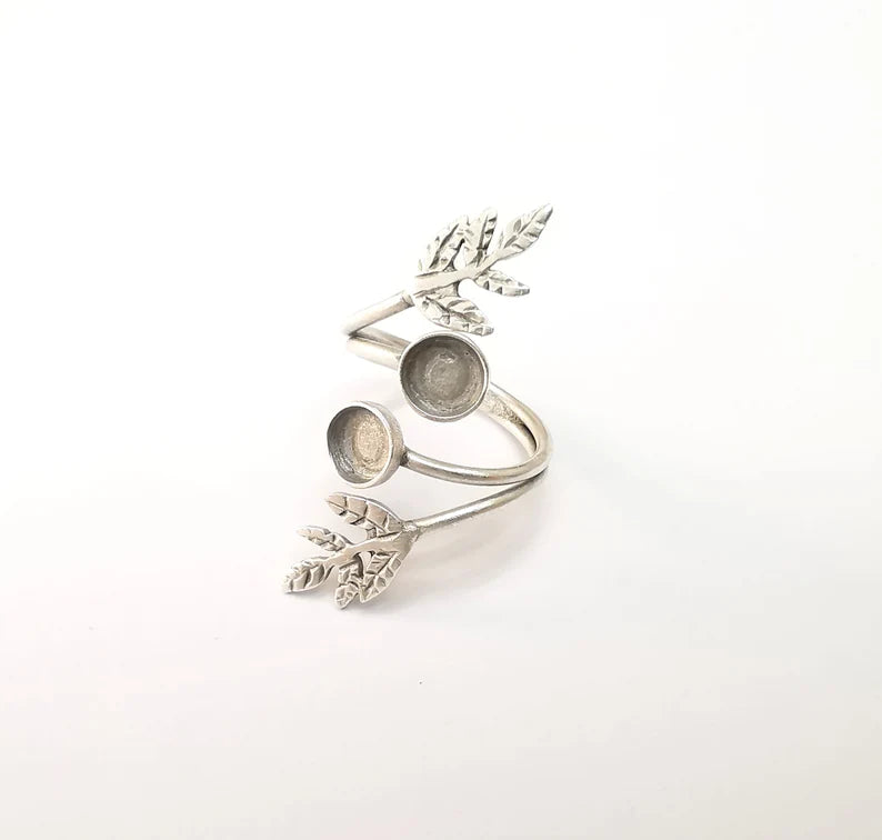 Wrap Leaf Ring Setting, Cabochon Blank, Resin Bezel, inlay Mounting, Epoxy Frame Base, Adjustable Antique Silver Plated Brass 6mm G34944