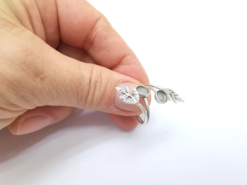 Wrap Leaf Ring Setting, Cabochon Blank, Resin Bezel, inlay Mounting, Epoxy Frame Base, Adjustable Antique Silver Plated Brass 6mm G34944