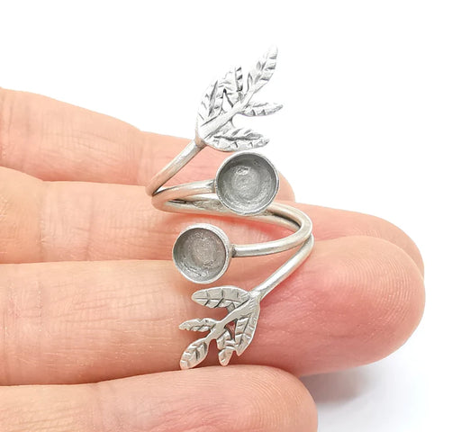 Wrap Leaf Ring Setting, Cabochon Blank, Resin Bezel, inlay Mounting, Epoxy Frame Base, Adjustable Antique Silver Plated Brass 6mm G34944