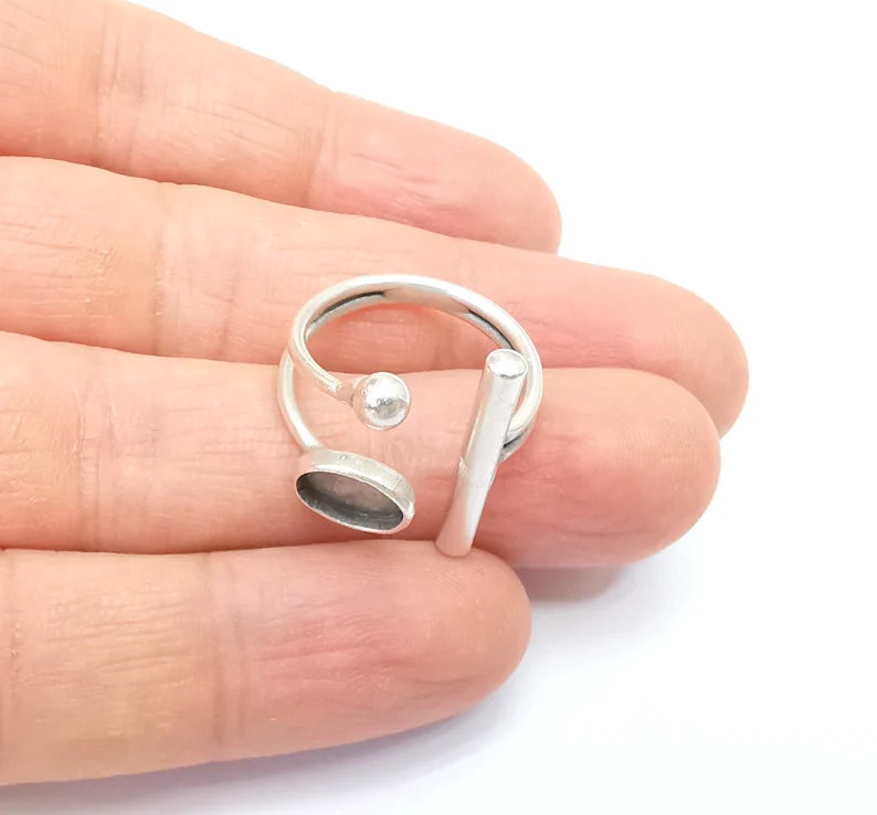 Rod and Ball Ring Setting, Cabochon Blank, Resin Bezel, inlay Mounting, Epoxy Frame, Adjustable Antique Silver Plated Brass 8x6mm G34947