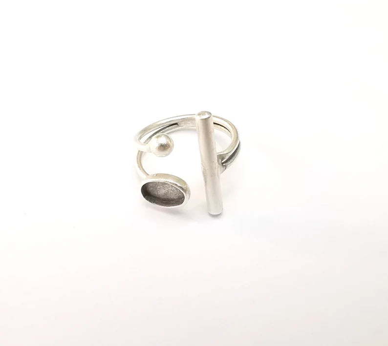 Rod and Ball Ring Setting, Cabochon Blank, Resin Bezel, inlay Mounting, Epoxy Frame, Adjustable Antique Silver Plated Brass 8x6mm G34947