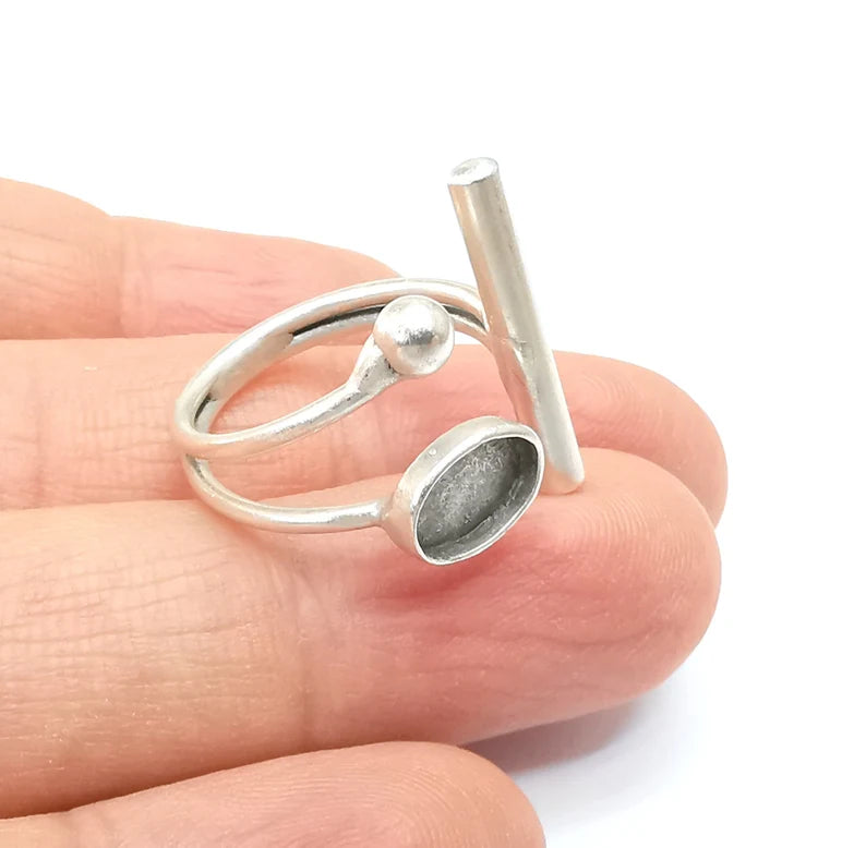 Rod and Ball Ring Setting, Cabochon Blank, Resin Bezel, inlay Mounting, Epoxy Frame, Adjustable Antique Silver Plated Brass 8x6mm G34947