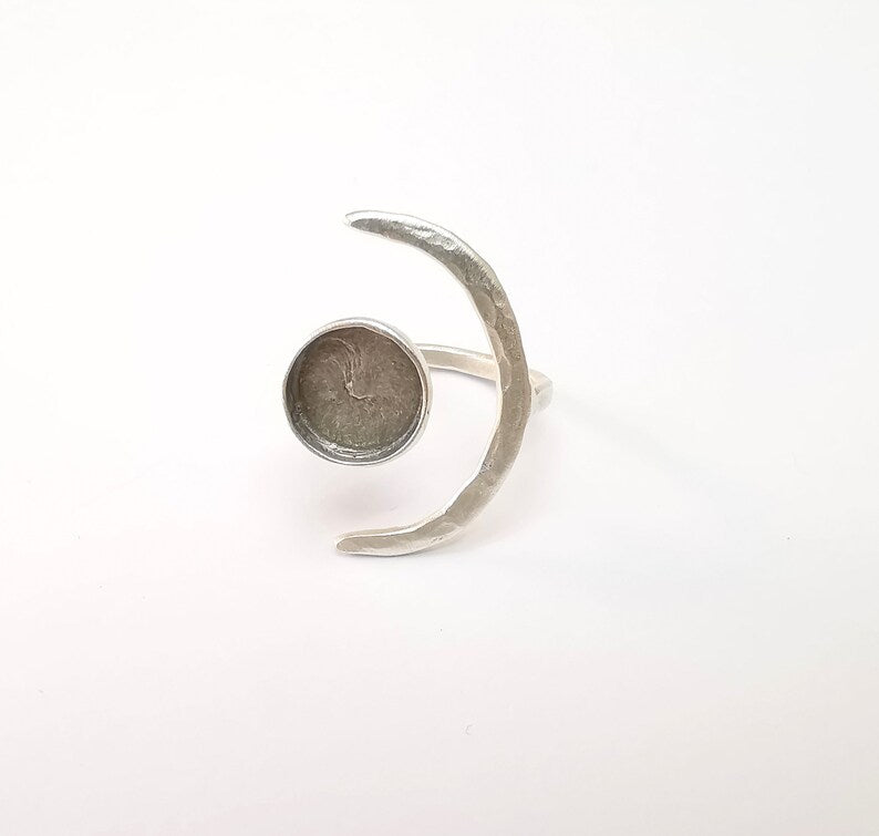 Crescent Ring Setting, Moon Ring, Celestial Ring, Cabochon Blank, Resin Bezel Frame, Adjustable Antique Silver Plated Brass 12mm G34951