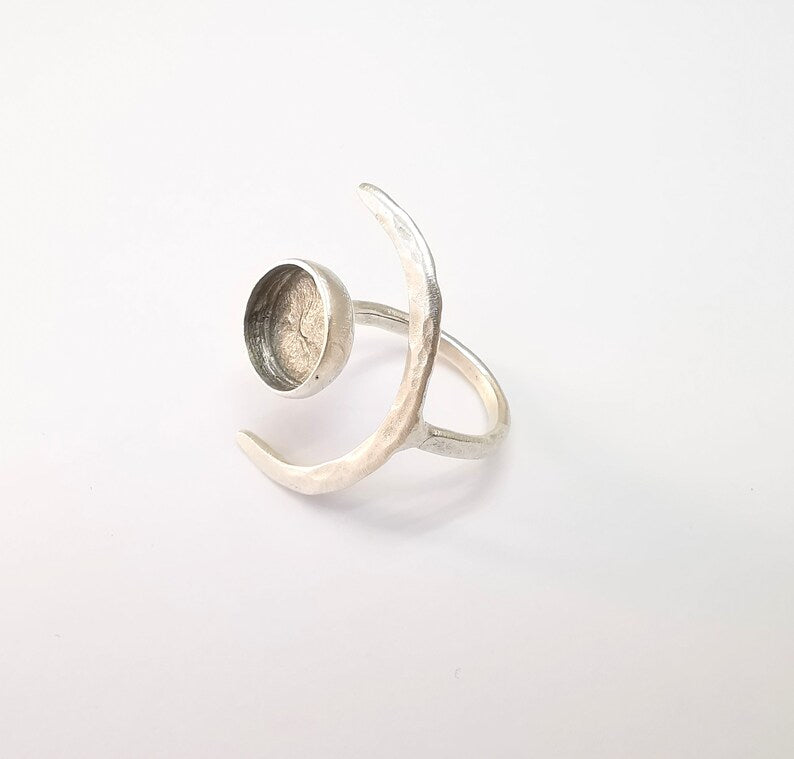 Crescent Ring Setting, Moon Ring, Celestial Ring, Cabochon Blank, Resin Bezel Frame, Adjustable Antique Silver Plated Brass 12mm G34951