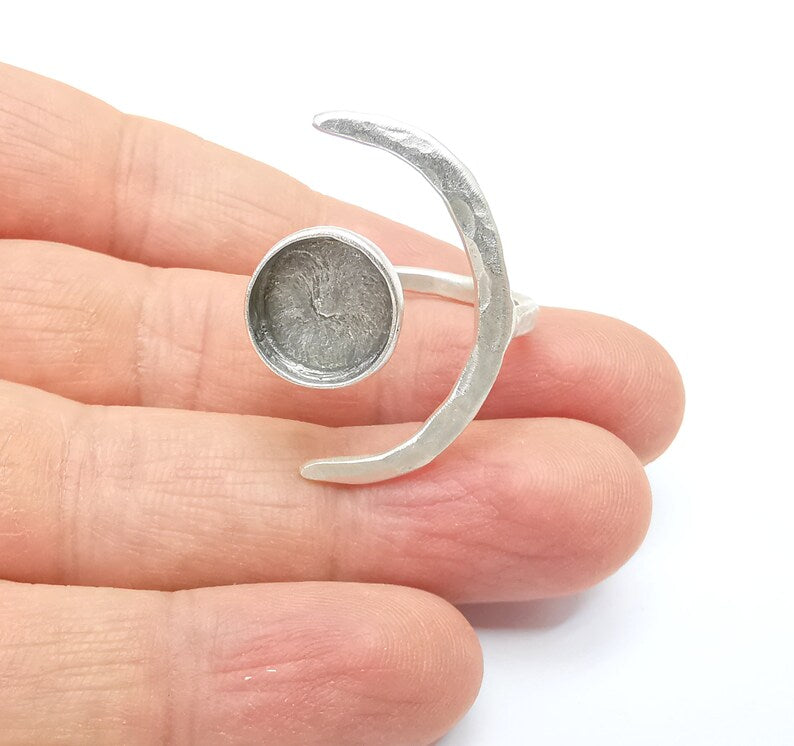 Crescent Ring Setting, Moon Ring, Celestial Ring, Cabochon Blank, Resin Bezel Frame, Adjustable Antique Silver Plated Brass 12mm G34951
