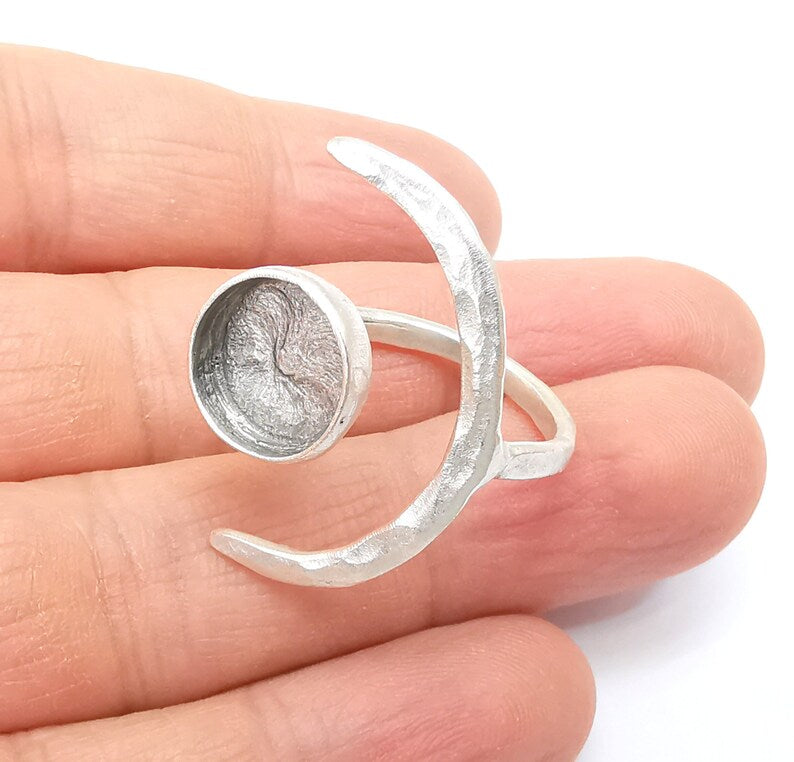 Crescent Ring Setting, Moon Ring, Celestial Ring, Cabochon Blank, Resin Bezel Frame, Adjustable Antique Silver Plated Brass 12mm G34951